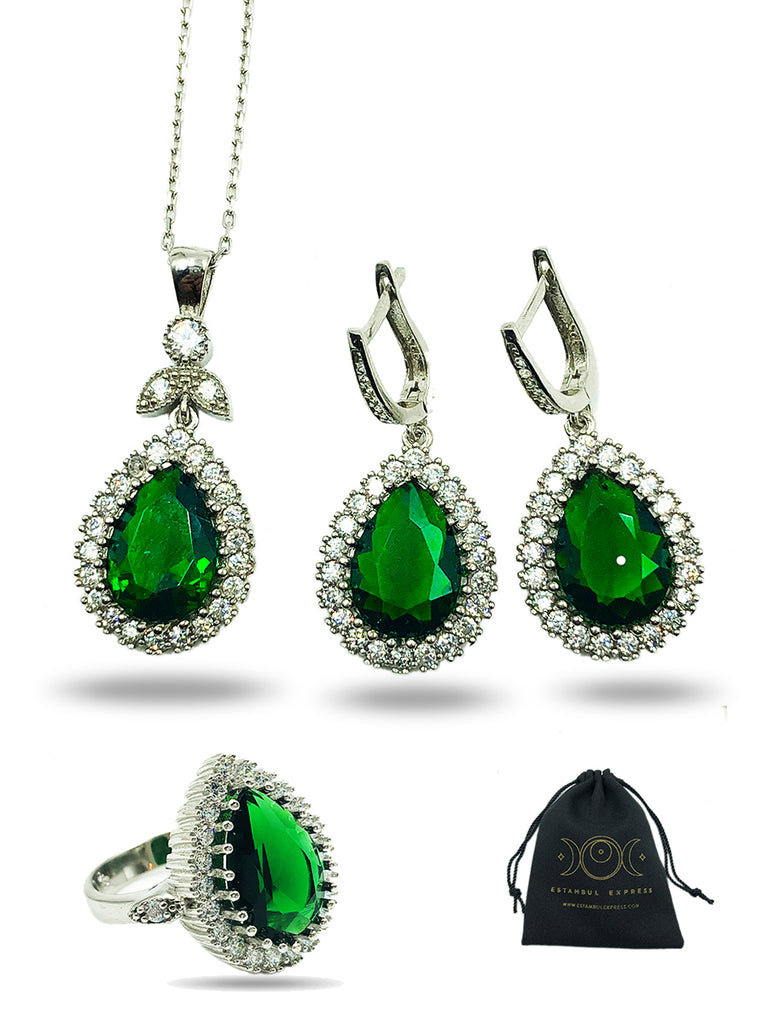 Sultana Hurrem Juego De Plata .925 Collar Aretes Anillo Piedra Verde